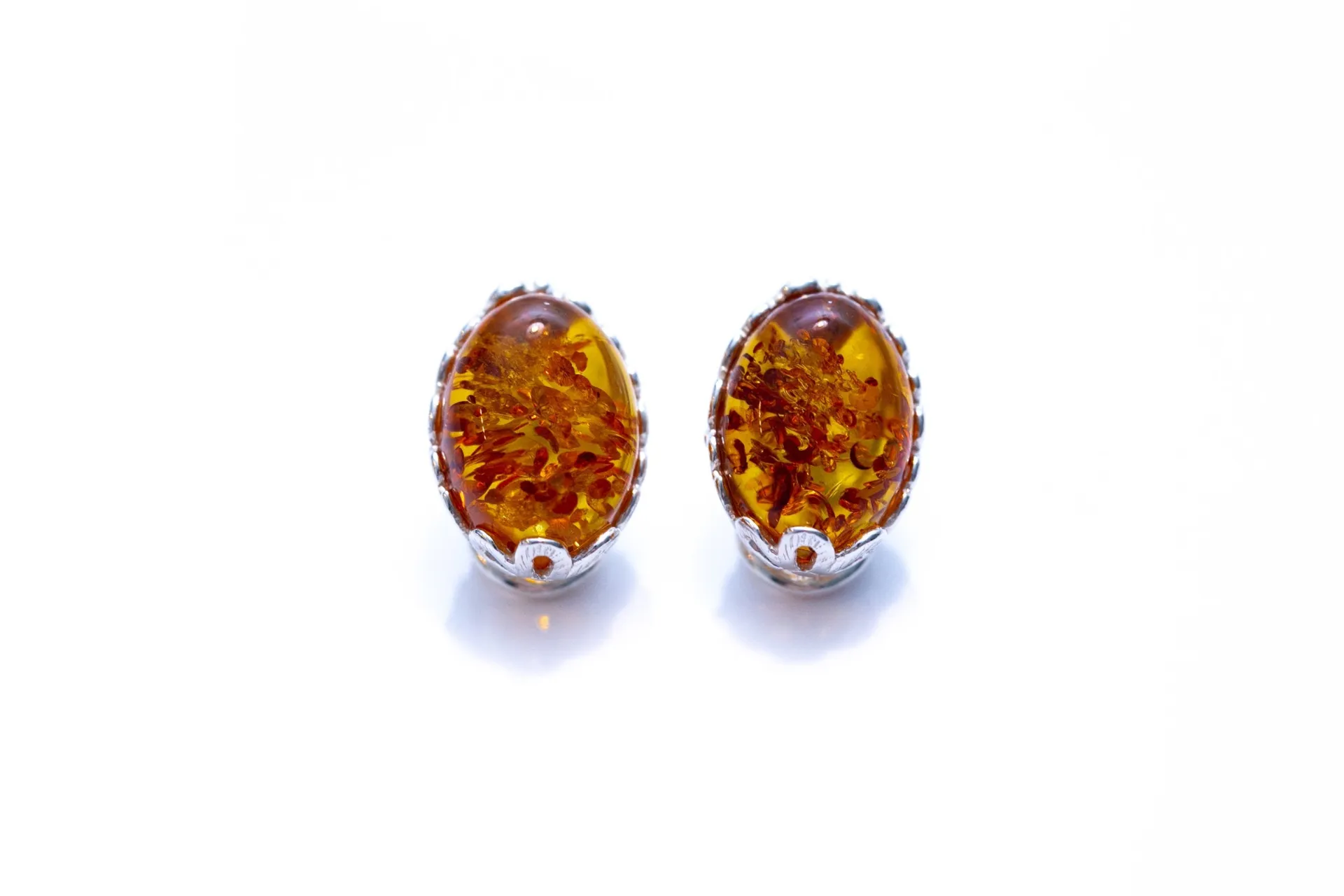 Elegant Floral Frame Oval Amber Clip On Earrings for Non-Pierced Ears | Sterling Silver & Baltic Amber