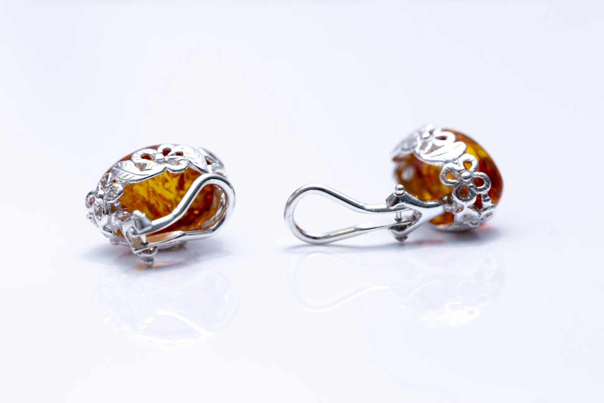 Elegant Floral Frame Oval Amber Clip On Earrings for Non-Pierced Ears | Sterling Silver & Baltic Amber