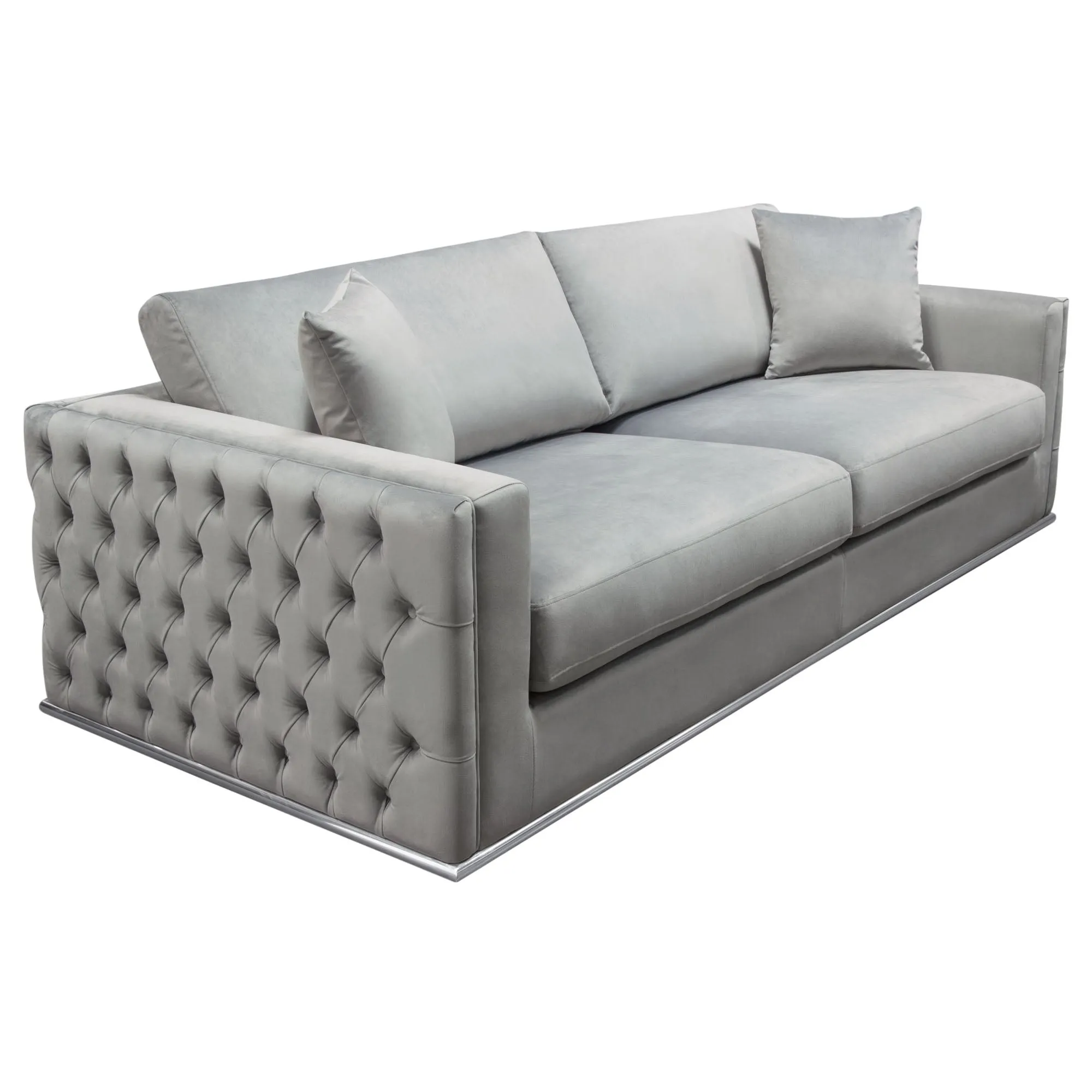 Envy Sofa in Platinum Grey Velvet with Tufted Outside Detail and Silver Metal Trim by Diamond Sofa