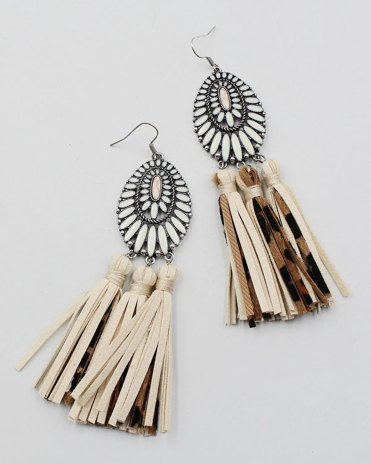 Epoxy Stone Earrings with Leather Fringe