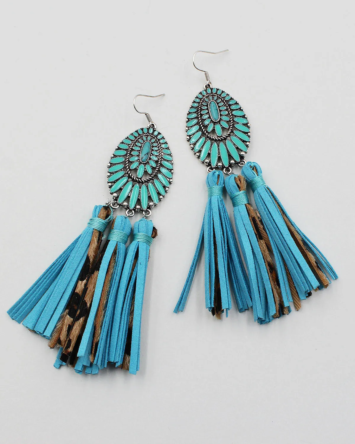 Epoxy Stone Earrings with Leather Fringe