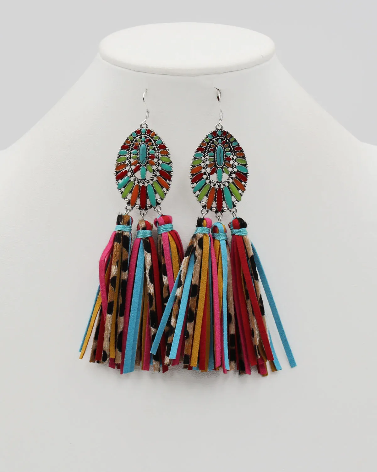 Epoxy Stone Earrings with Leather Fringe