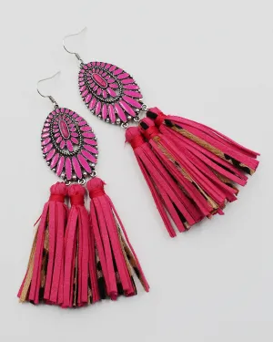 Epoxy Stone Earrings with Leather Fringe