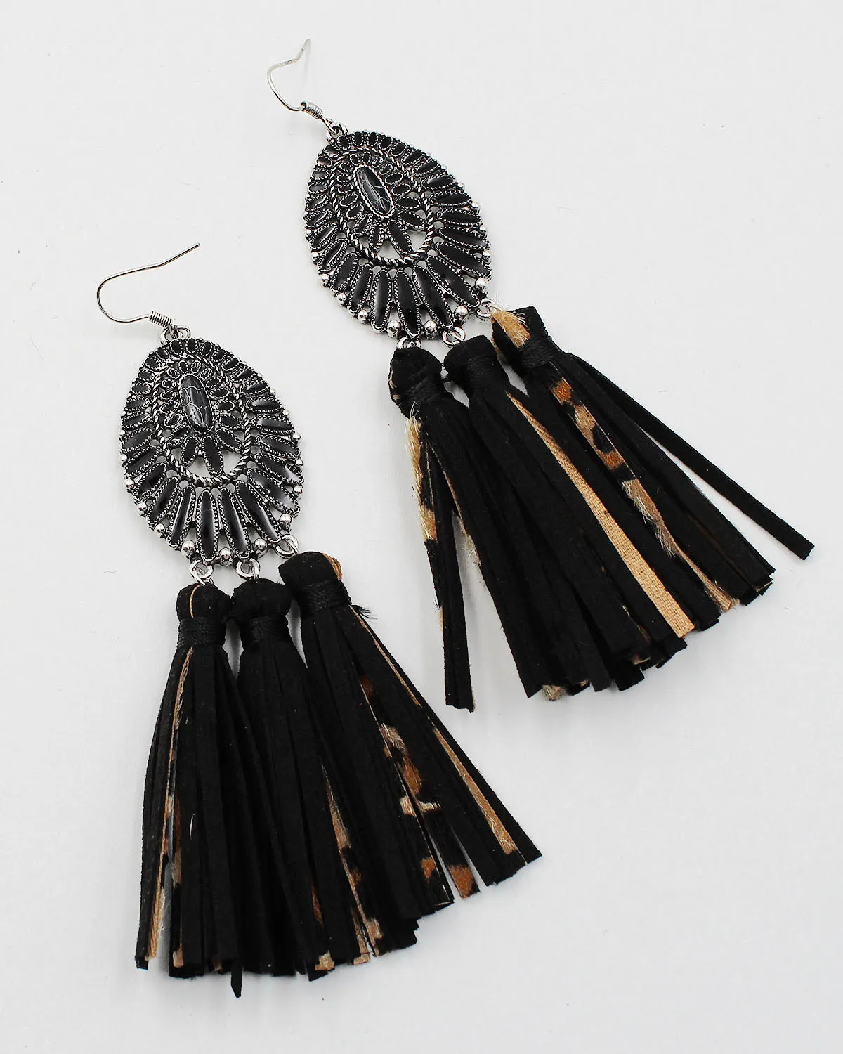 Epoxy Stone Earrings with Leather Fringe