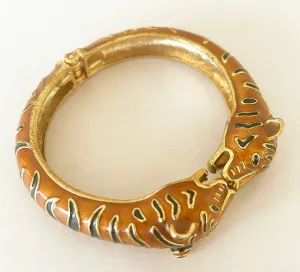 Fabulous vintage rare double headed tiger hinged metal & enamel bracelet.