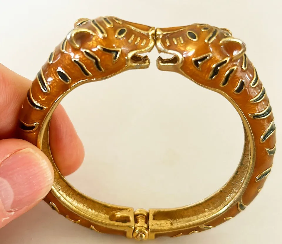 Fabulous vintage rare double headed tiger hinged metal & enamel bracelet.