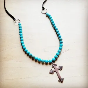 Frosted Magnesite Beaded Necklace w/ Copper Cross