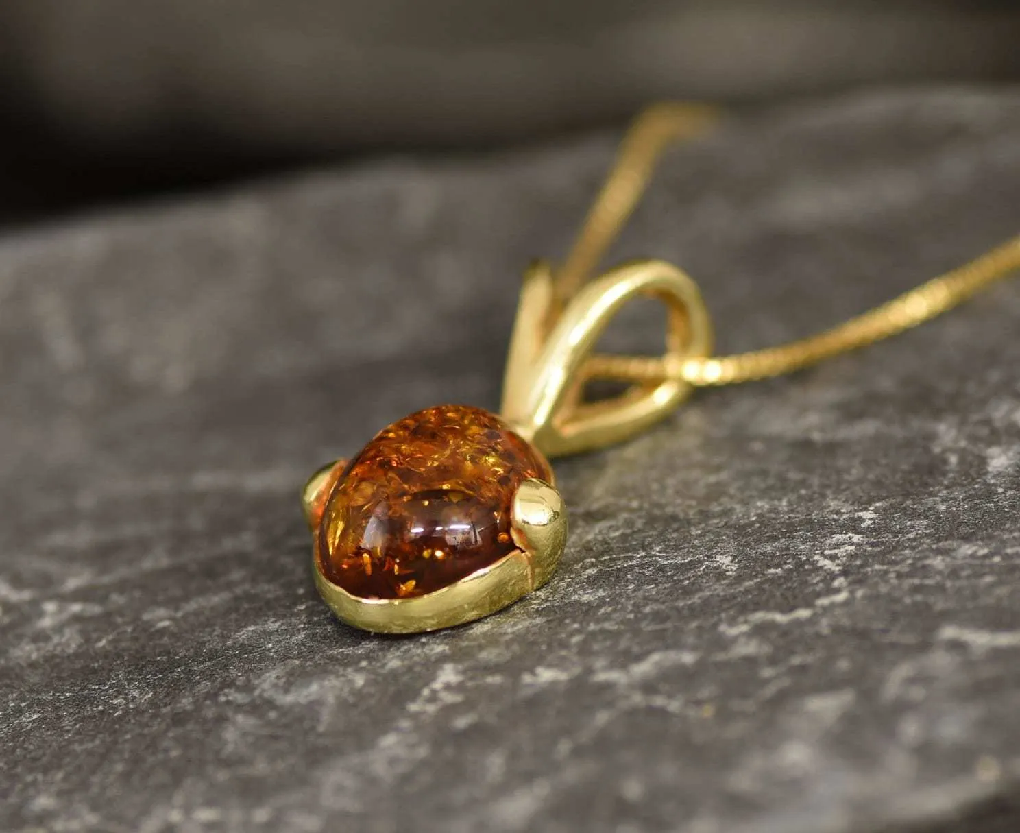 Gold Amber Pendant - Natural Amber Necklace - Gold Oval Necklace