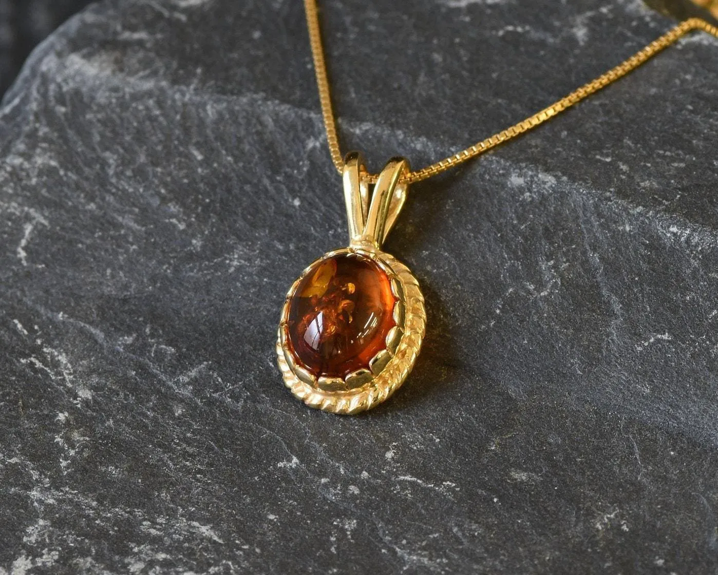 Gold Amber Pendant - Natural Amber Necklace, Gold Vintage Pendant