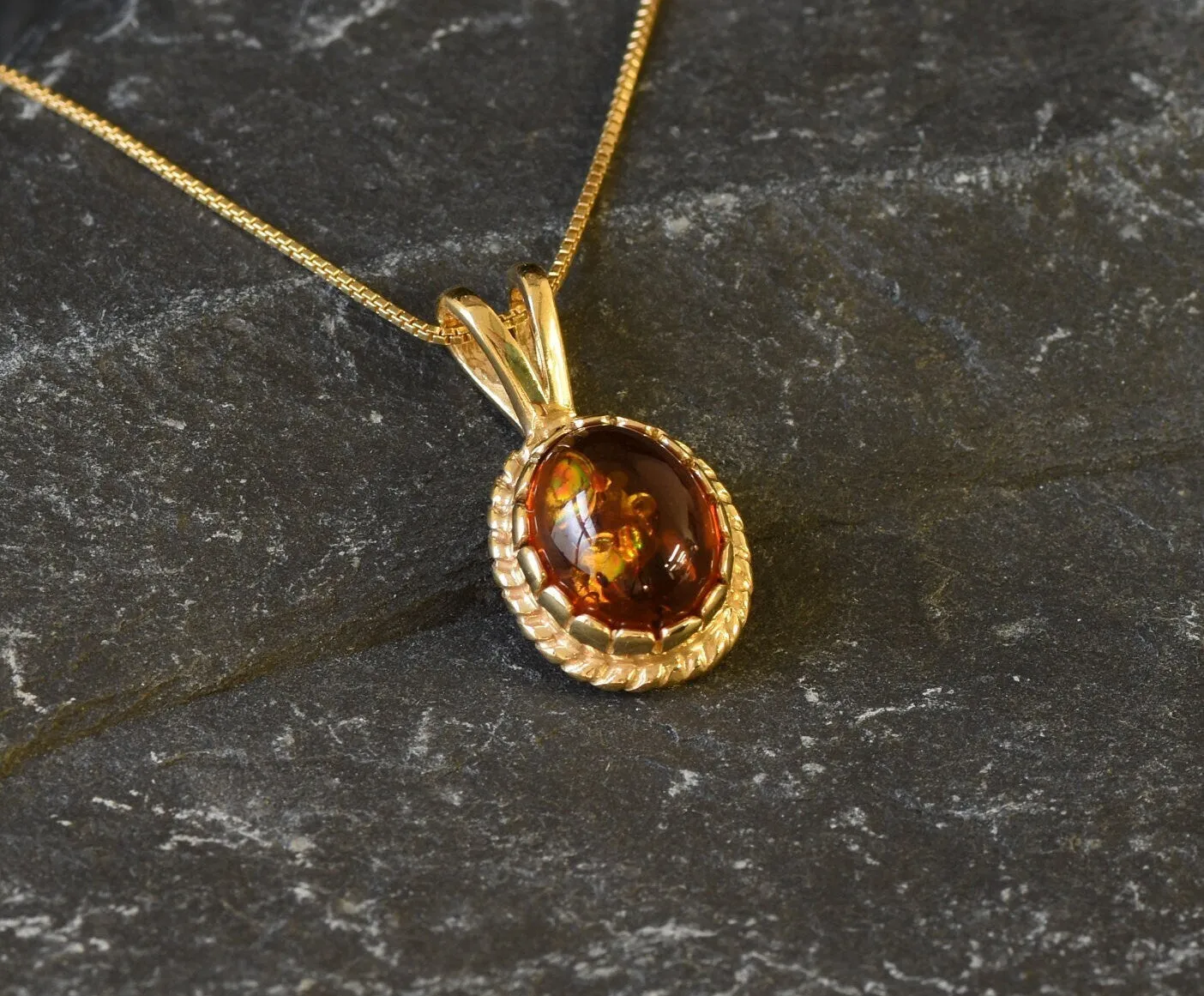 Gold Amber Pendant - Natural Amber Necklace, Gold Vintage Pendant