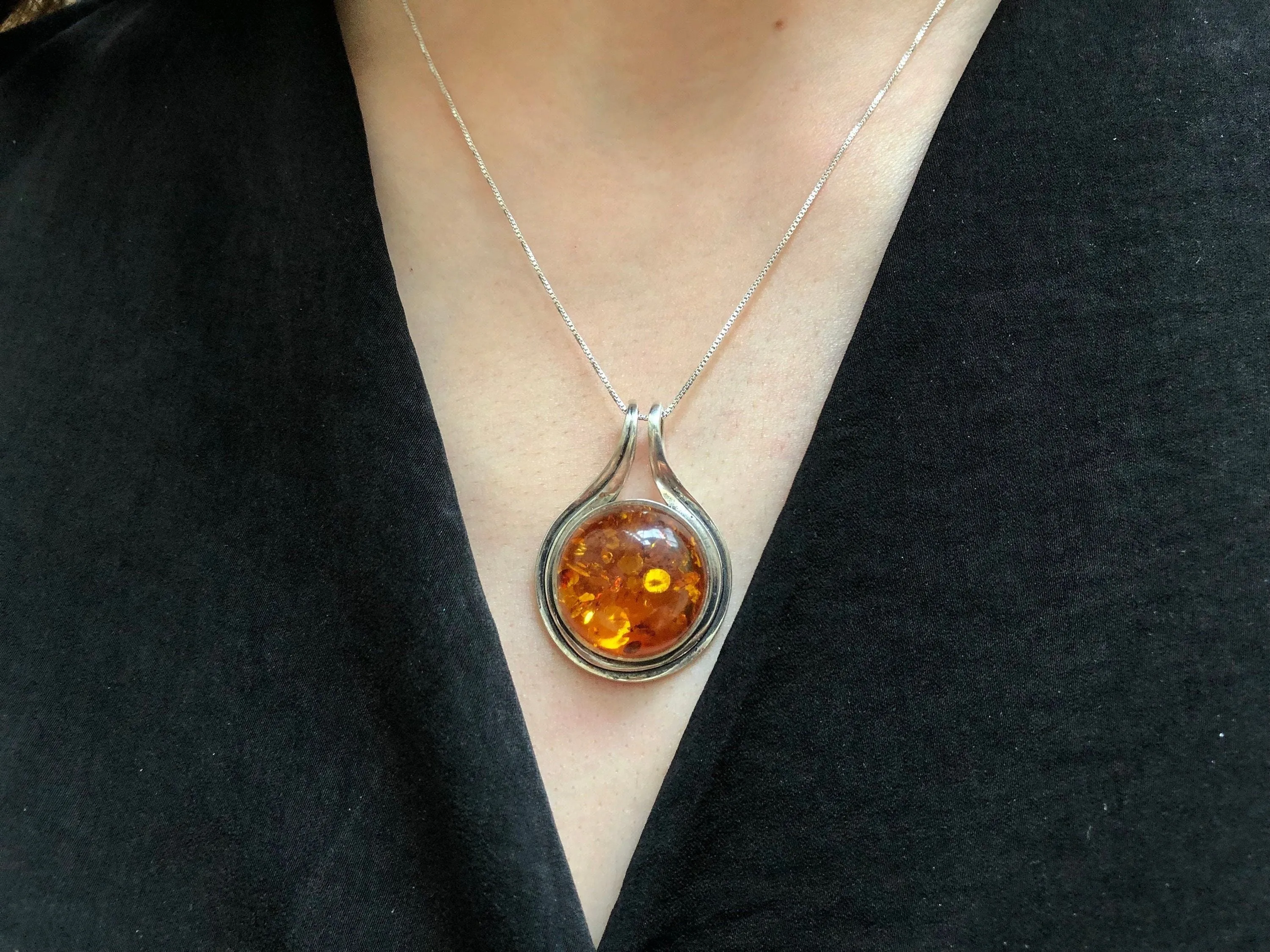 Gold Amber Pendant- Natural Amber Necklace, Round Amber Pendant