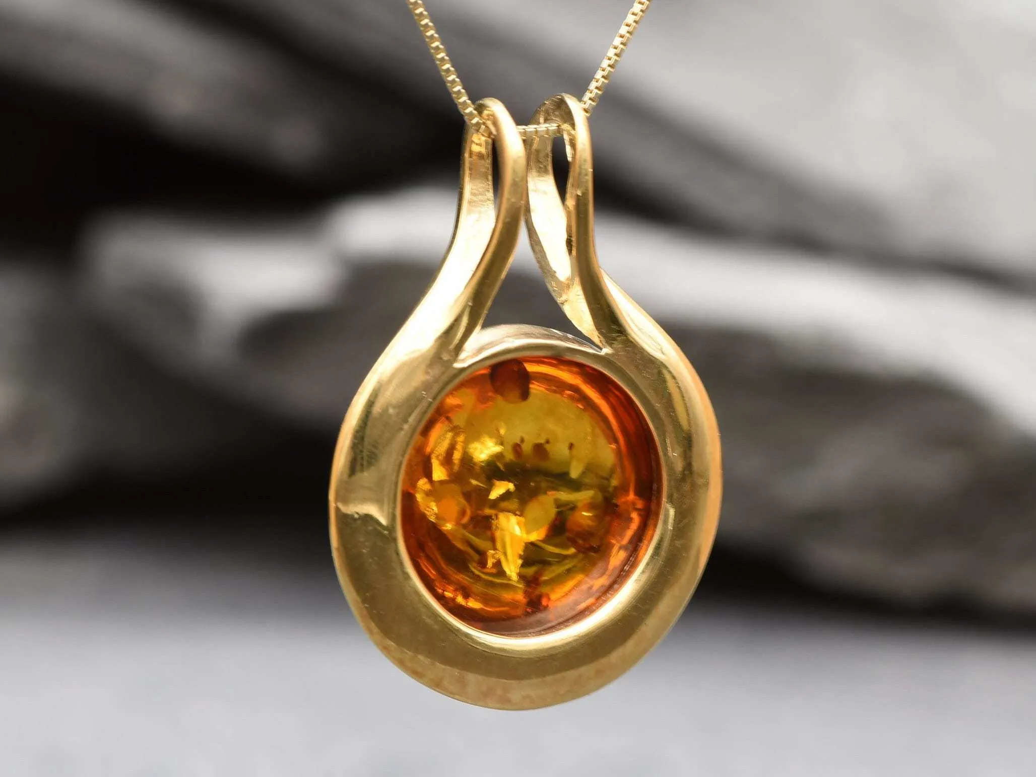 Gold Amber Pendant- Natural Amber Necklace, Round Amber Pendant