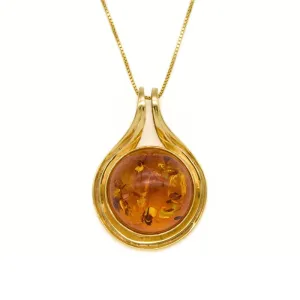 Gold Amber Pendant- Natural Amber Necklace, Round Amber Pendant