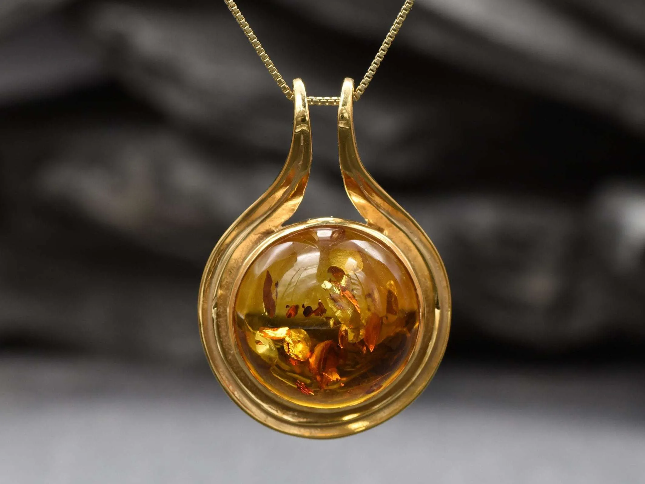 Gold Amber Pendant- Natural Amber Necklace, Round Amber Pendant