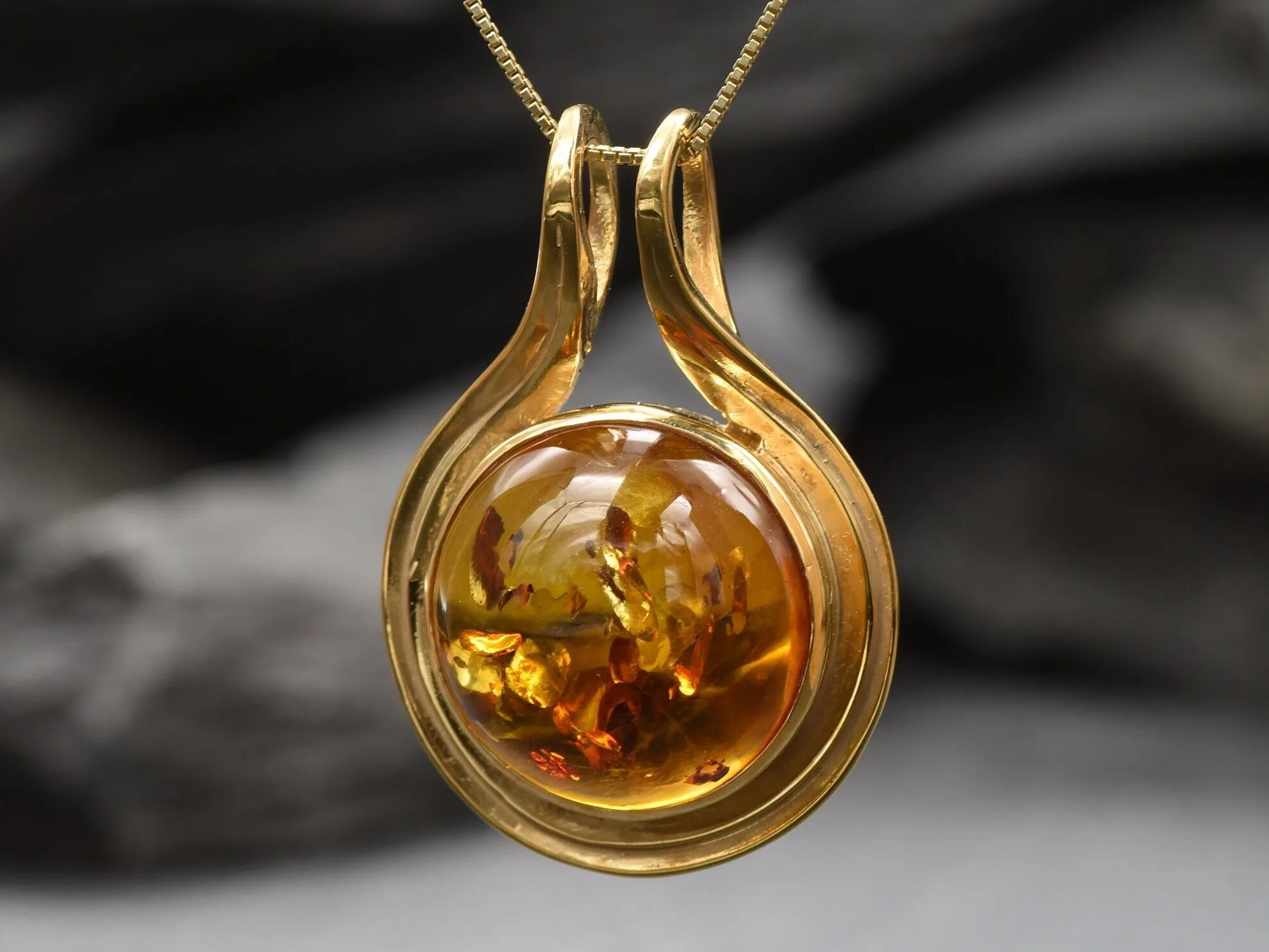 Gold Amber Pendant- Natural Amber Necklace, Round Amber Pendant