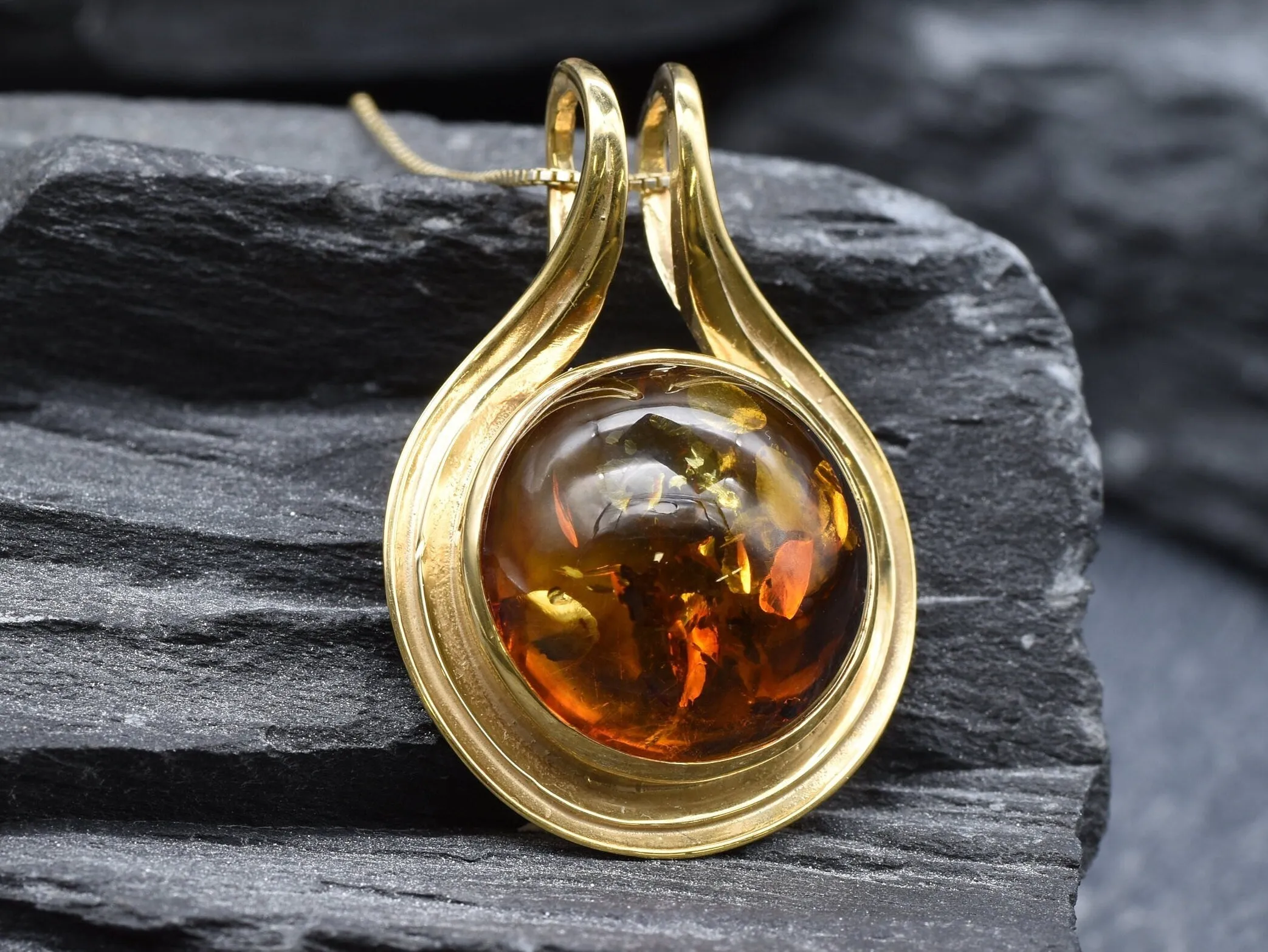 Gold Amber Pendant- Natural Amber Necklace, Round Amber Pendant