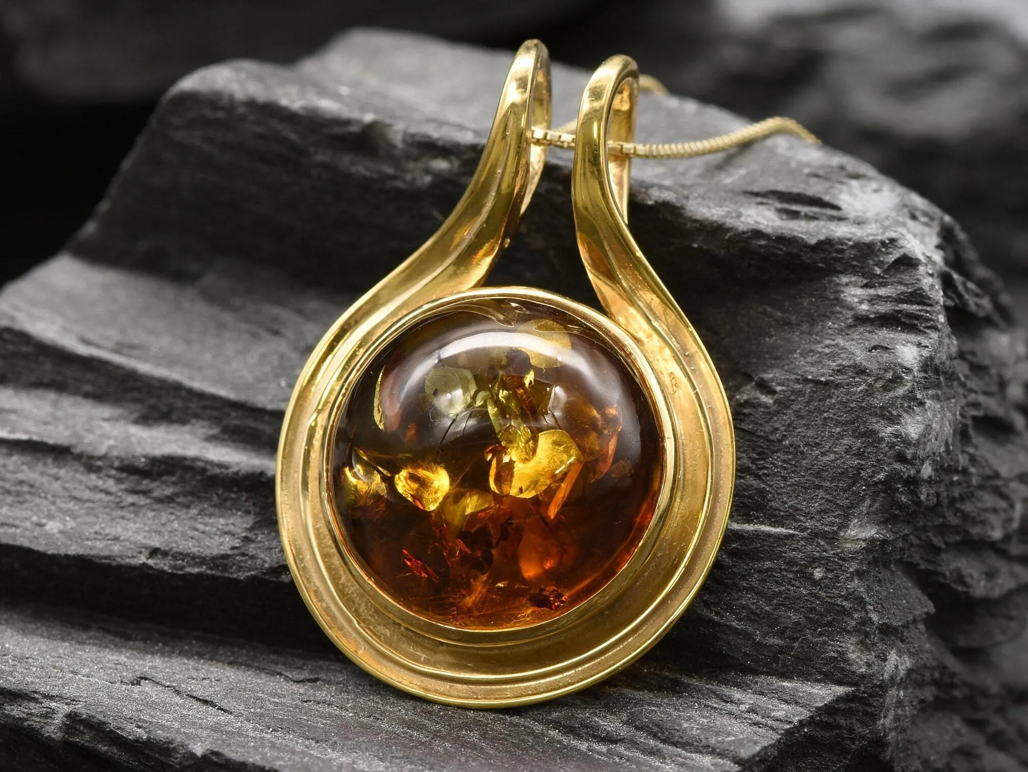 Gold Amber Pendant- Natural Amber Necklace, Round Amber Pendant