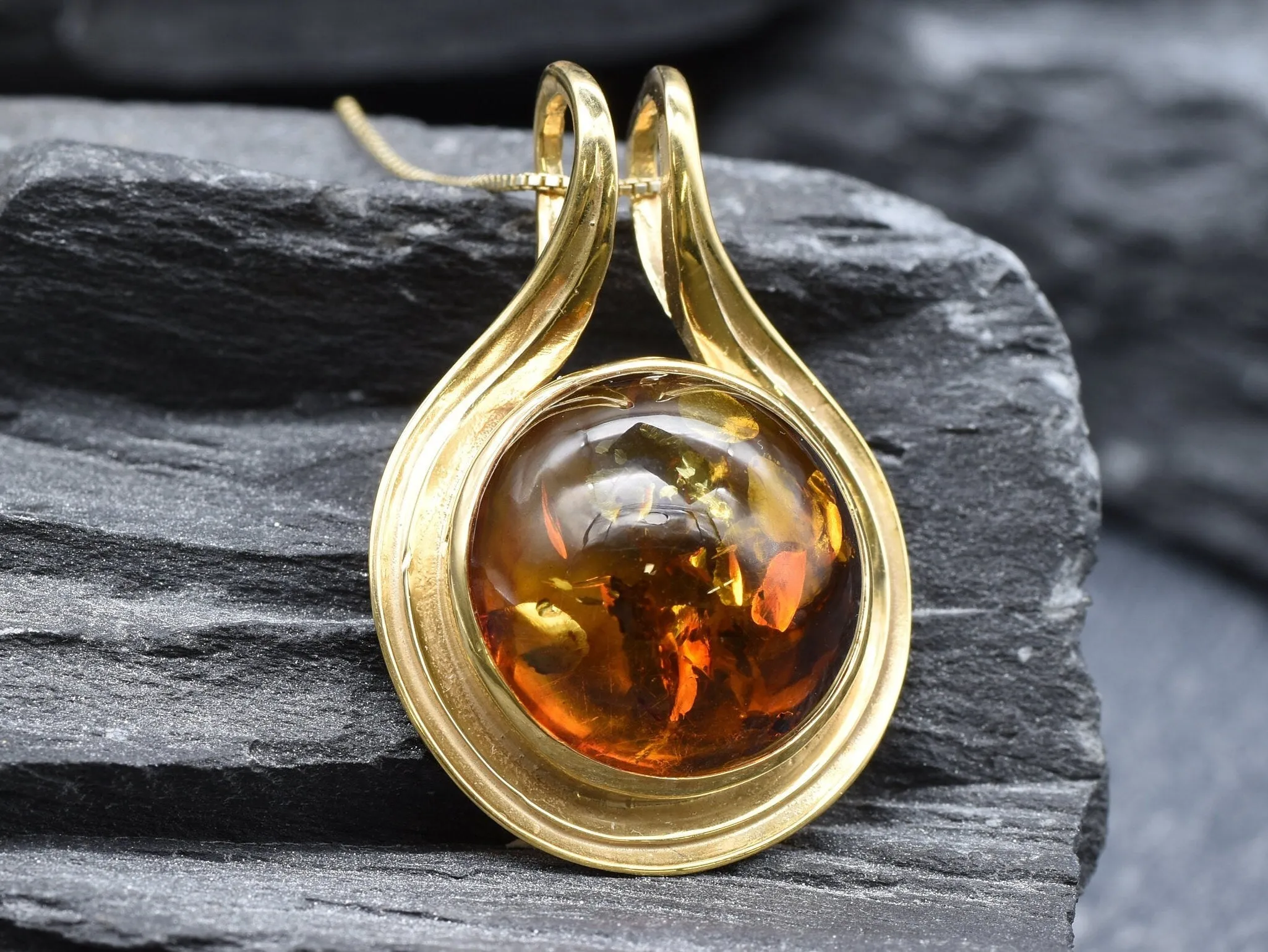 Gold Amber Pendant- Natural Amber Necklace, Round Amber Pendant