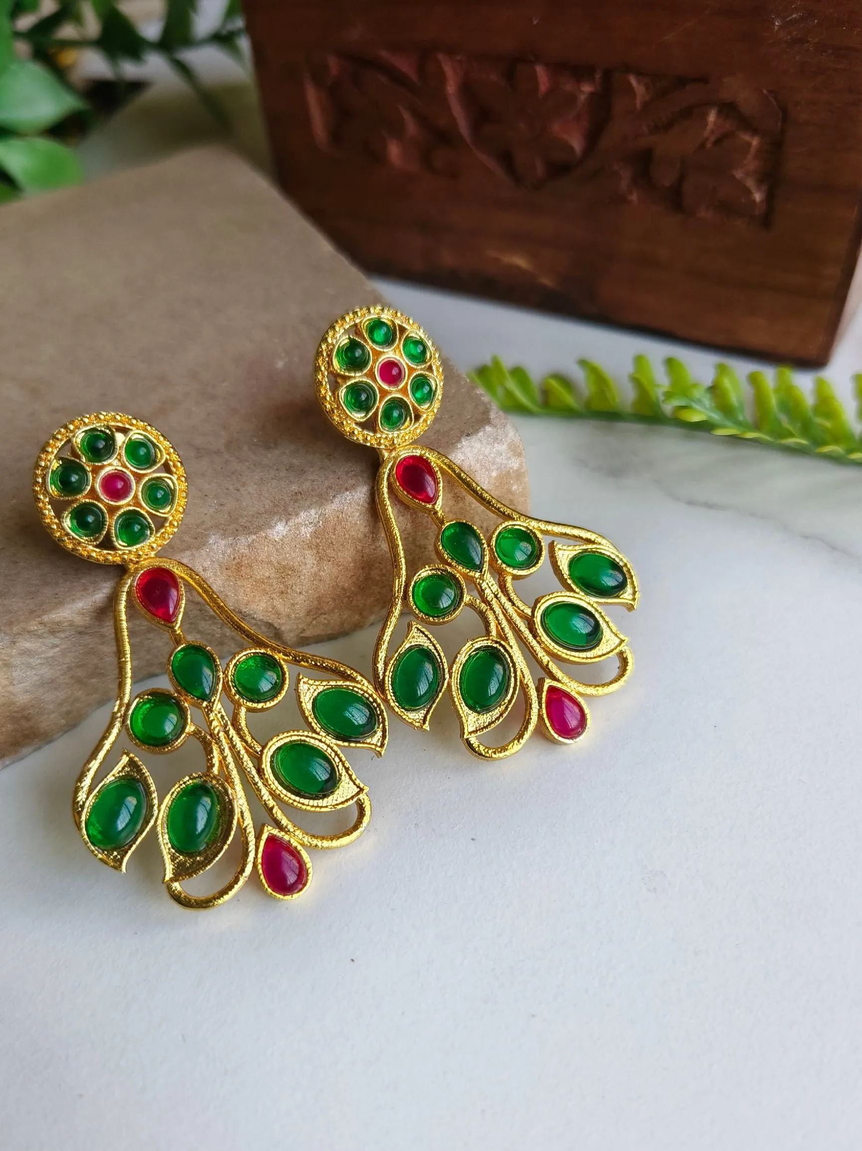 Gold-Plated Dangler Bouquet Earrings with Jade Stones | Sarichka