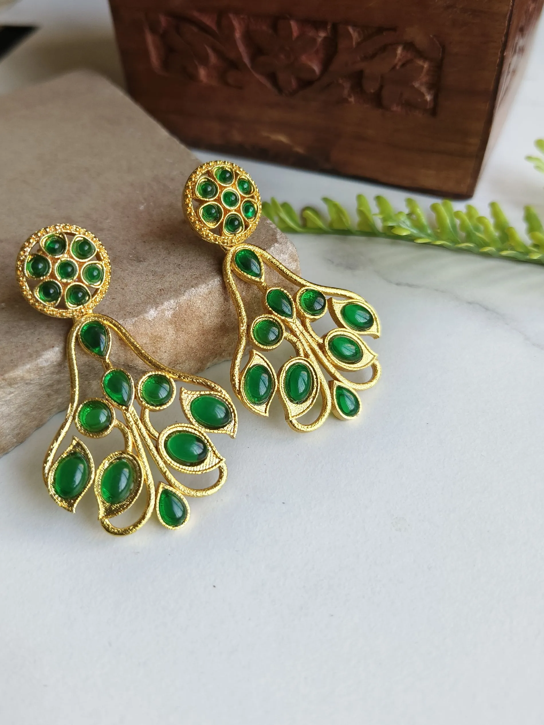 Gold-Plated Dangler Bouquet Earrings with Jade Stones | Sarichka