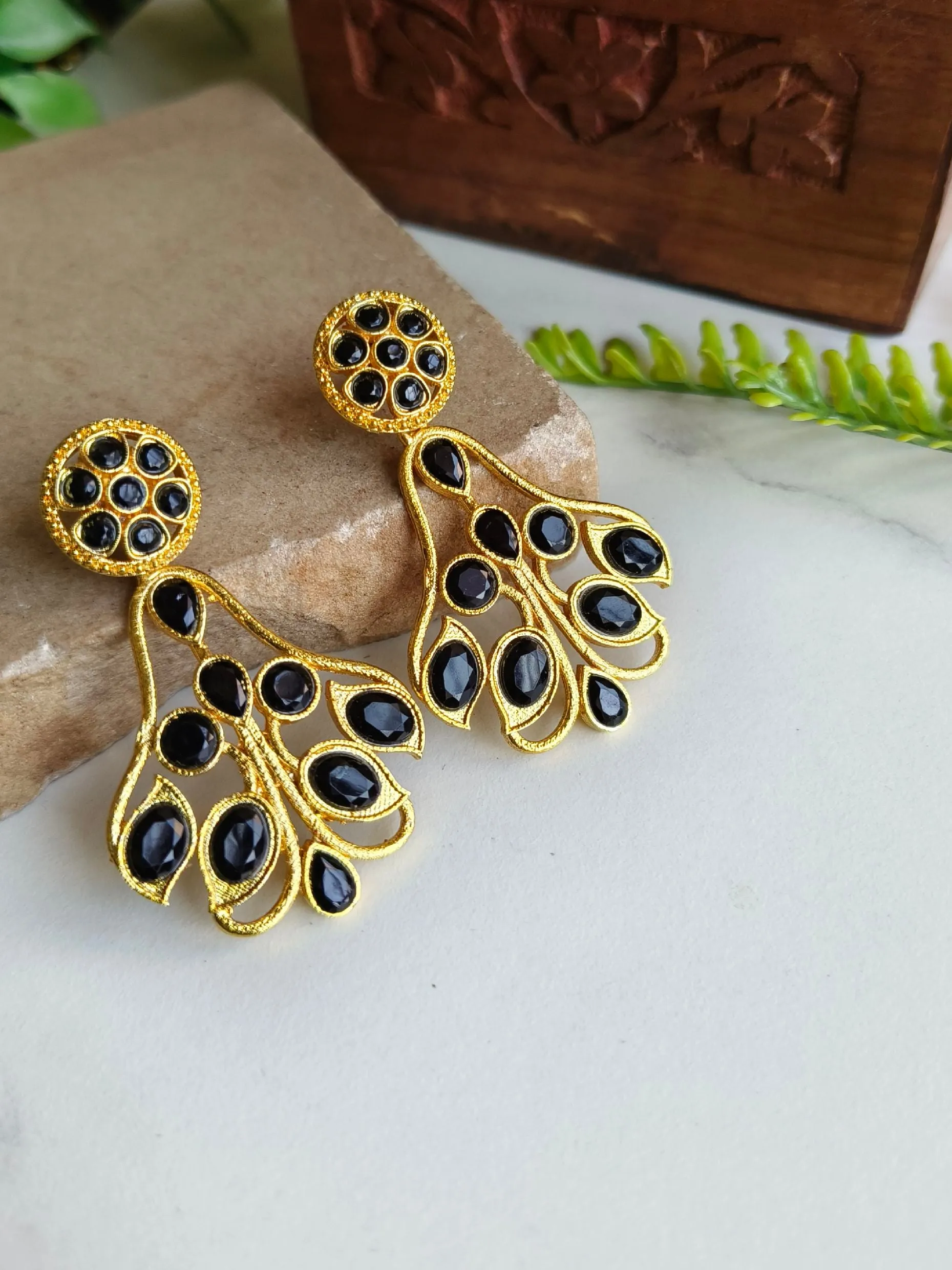 Gold-Plated Dangler Bouquet Earrings with Jade Stones | Sarichka