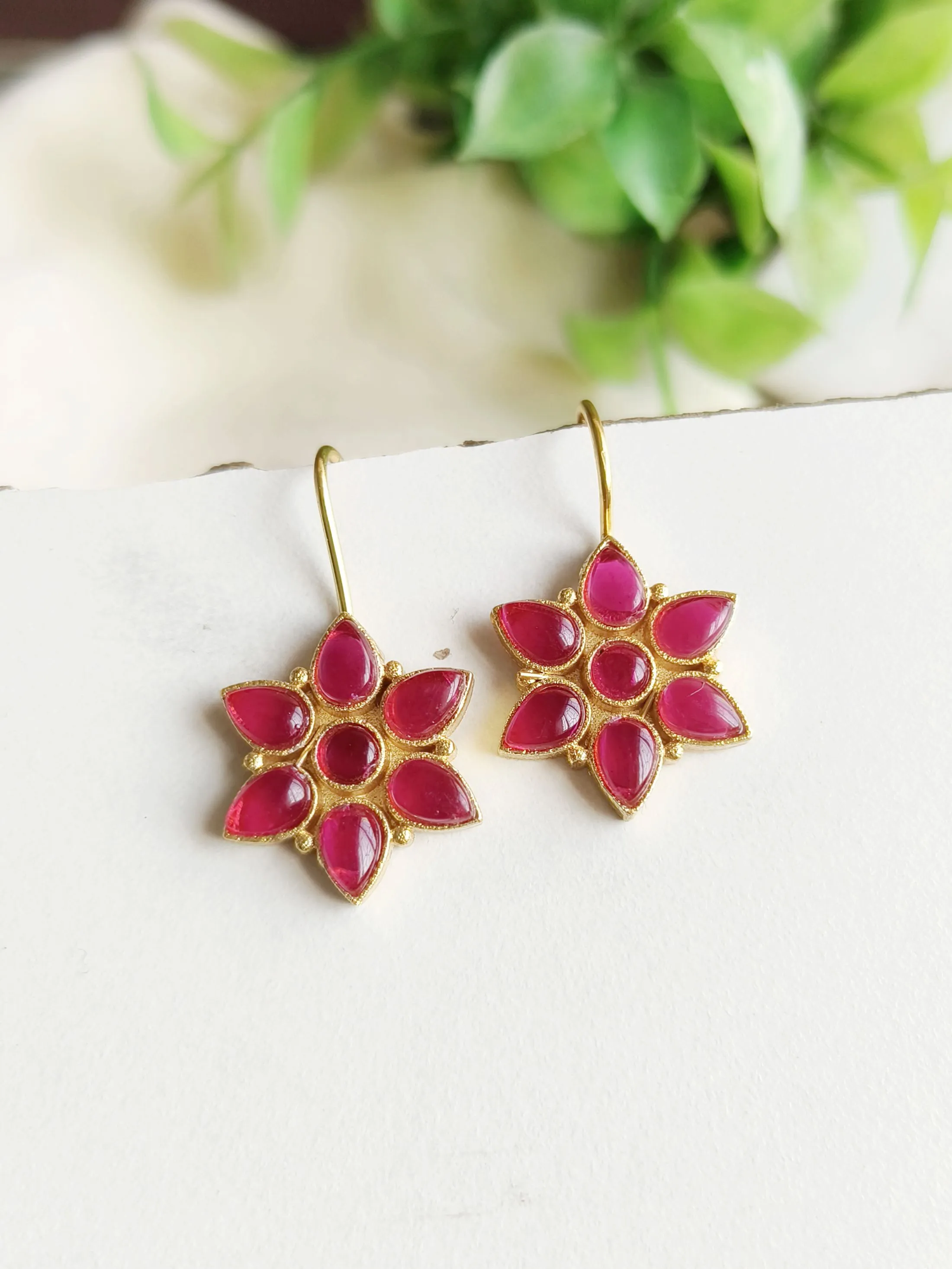 Gold Plated Sunflower Hook Earrings with Jade Stones | Sarichka