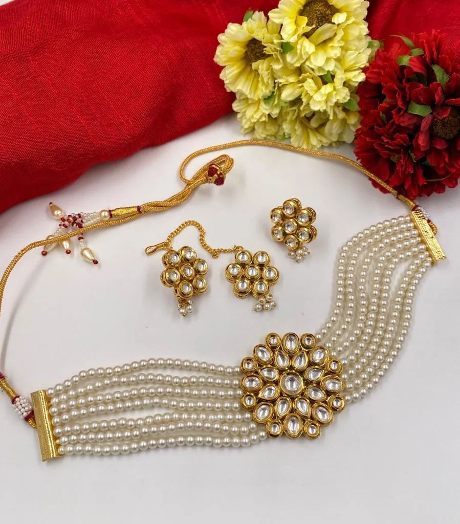 Gold Toned Kundan Pearls Beaded Choker Necklace Set For Ladies