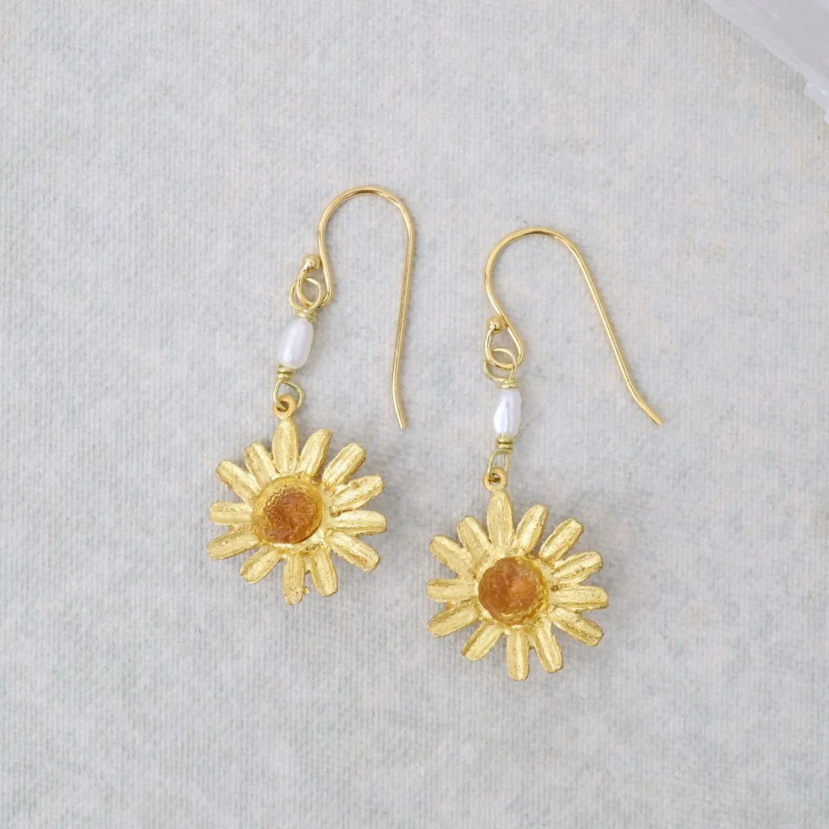 Golden Daisy Wire Earrings with Pearls