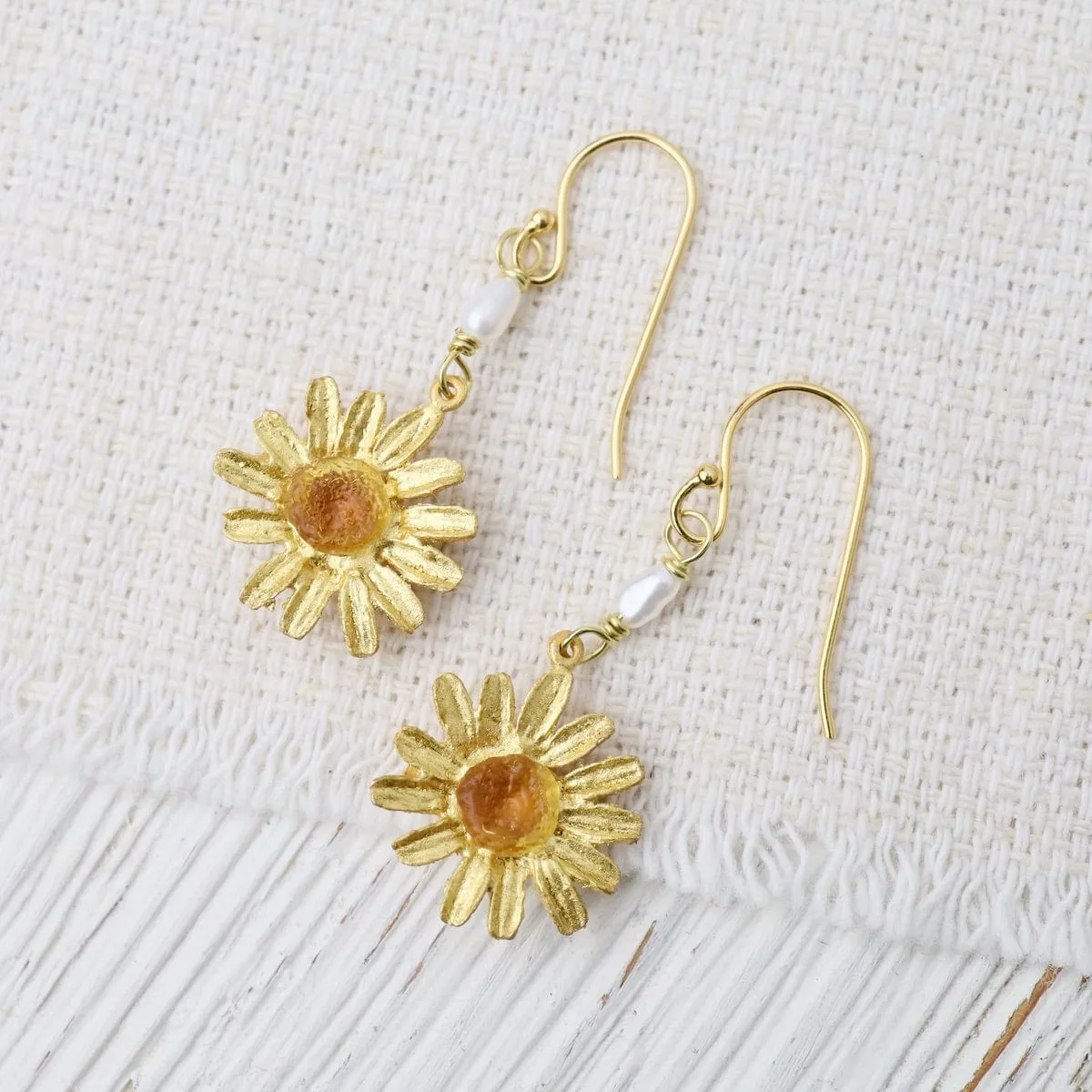 Golden Daisy Wire Earrings with Pearls