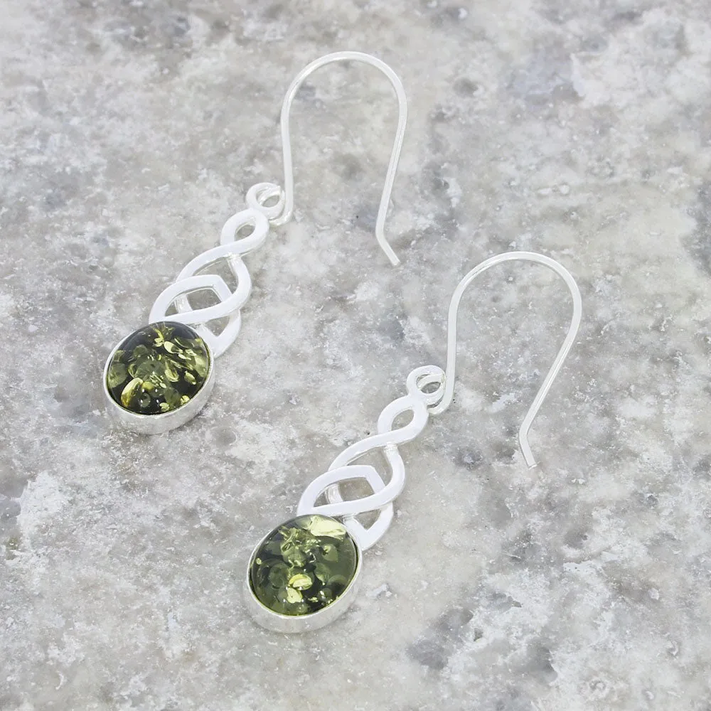 Green Amber Sterling Silver Celtic Drop Earrings