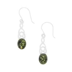 Green Amber Sterling Silver Celtic Drop Earrings