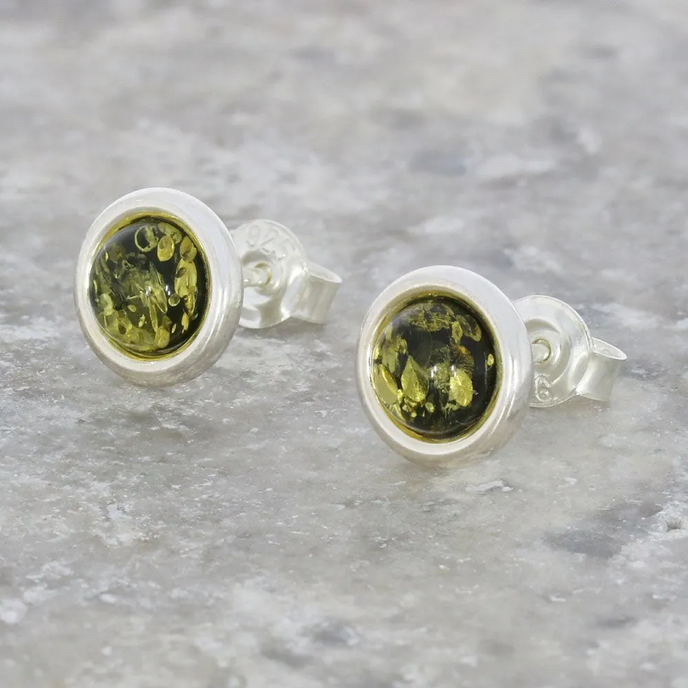 Green Amber Sterling Silver Stud Earrings