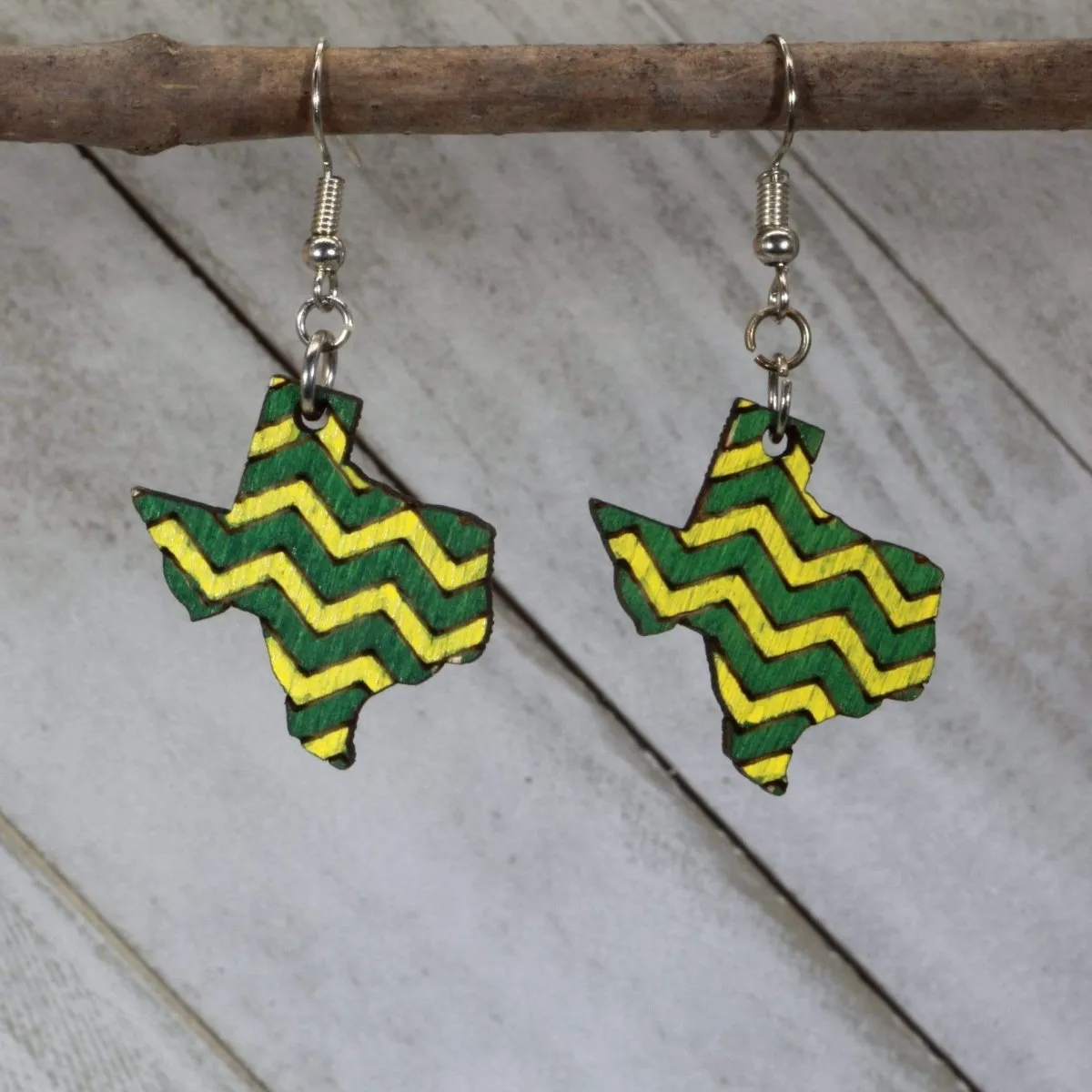 Green and Gold, Texas, Wooden Dangle Earrings by Cate's Concepts, LLC