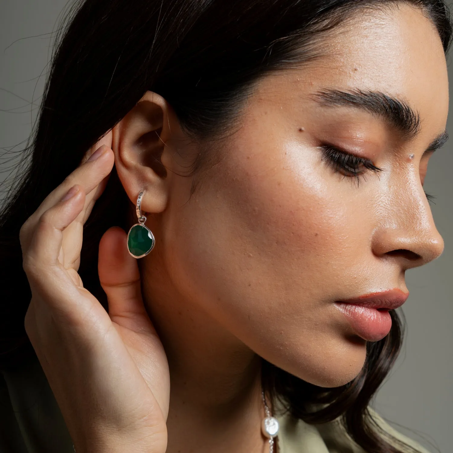 Green Onyx Pebble Huggie Hoops