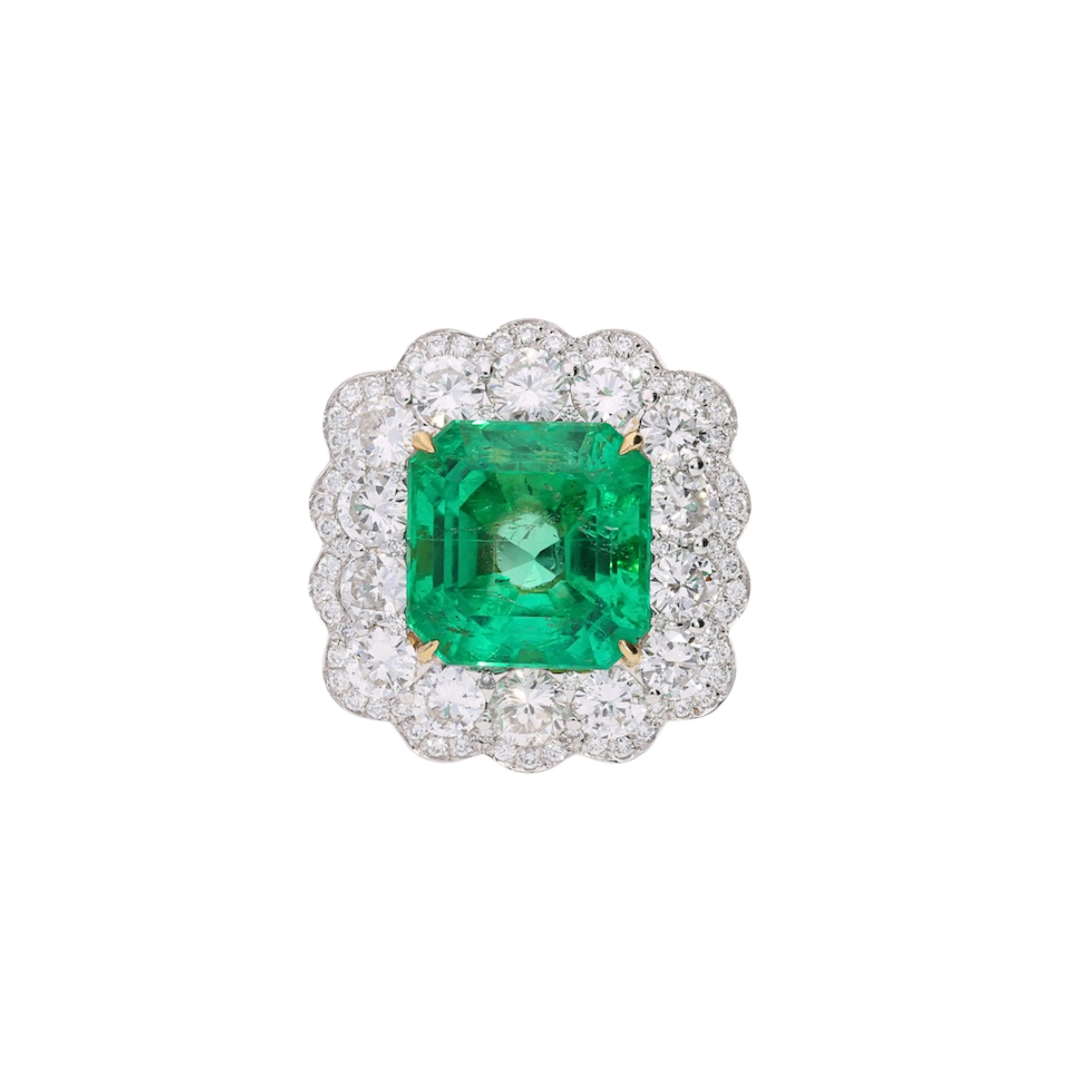 GRS Certified 8.04 Carat Minor Oil Colombian Emerald & Diamond Halo Ring