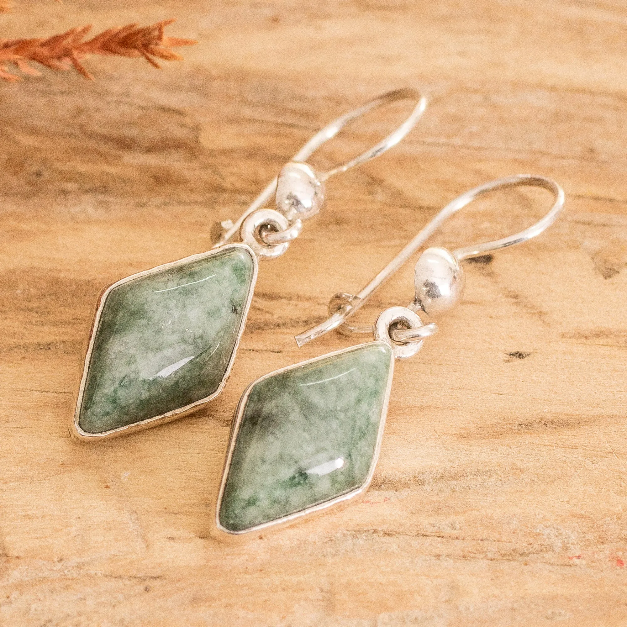 Guatemalan Green Jade Diamond Shape Earrings - Verdant Diamond | NOVICA