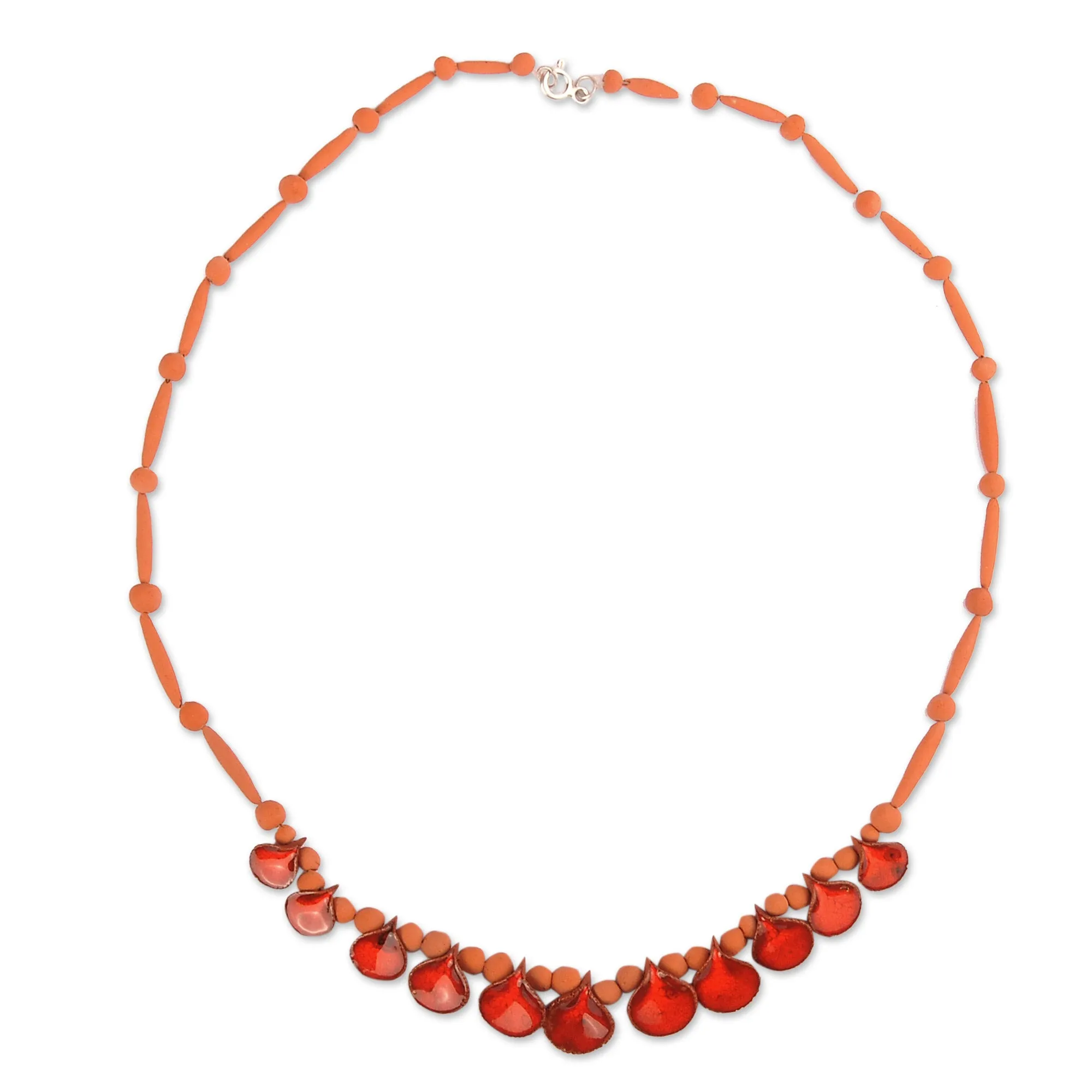 Hand-Painted Ceramic Beaded Droplet Necklace in Red & Orange - Flaming Droplets | NOVICA