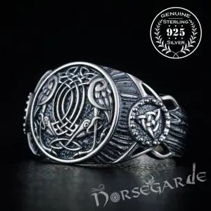 Handcrafted Ravens Druid Signet Ring - Sterling Silver