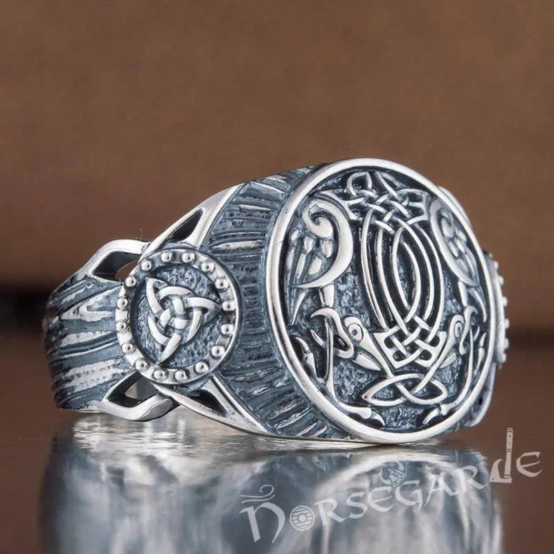 Handcrafted Ravens Druid Signet Ring - Sterling Silver