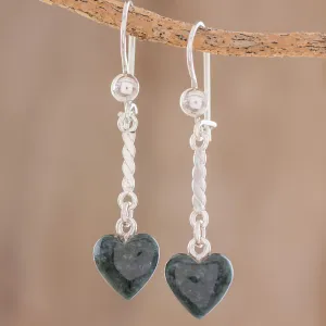 Heart-Shaped Dark Green Jade Dangle Earrings from Guatemala - Dark Green Spirals of Love | NOVICA