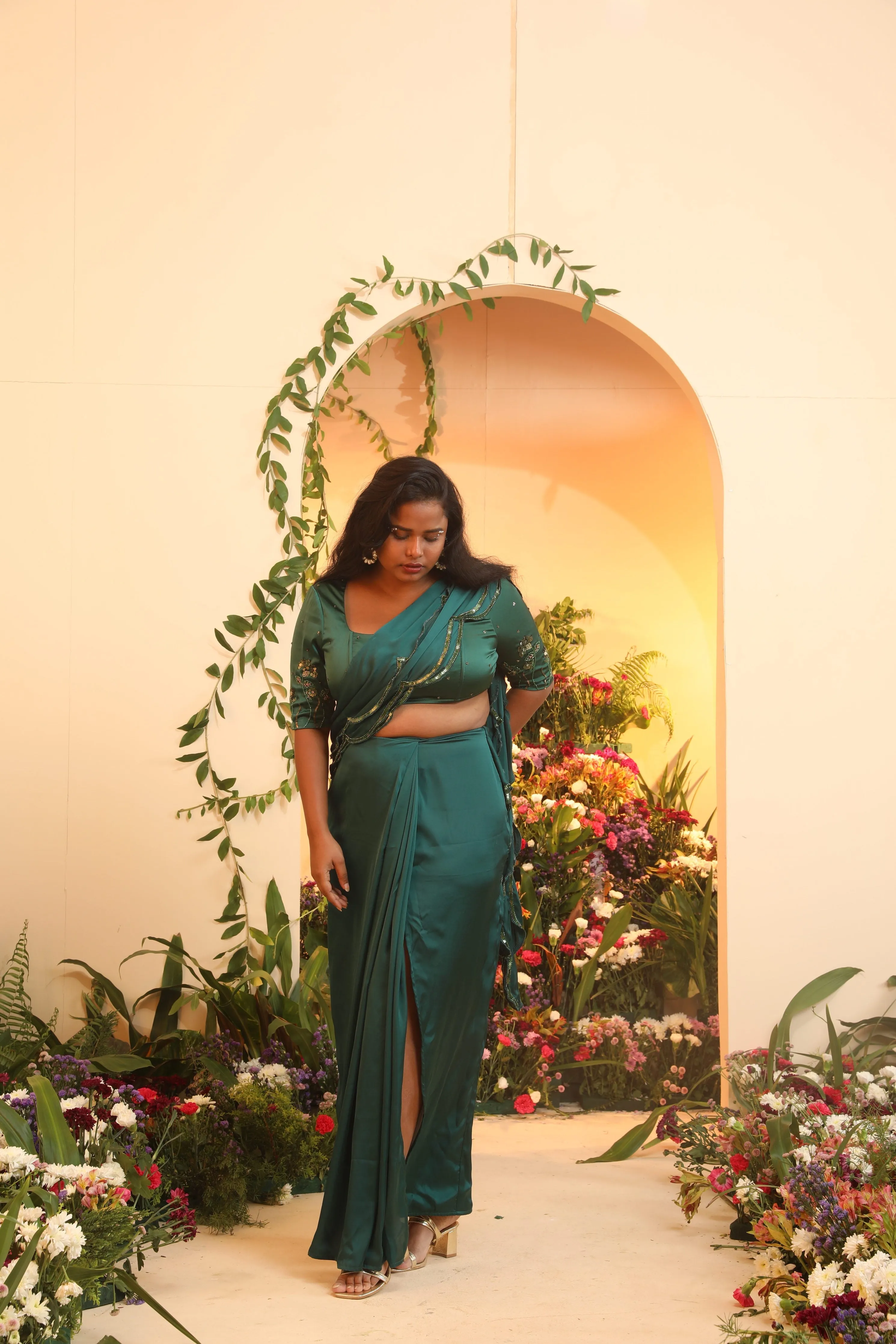 Iniya Emerald Scallop Satin Pre-Stitched Saree