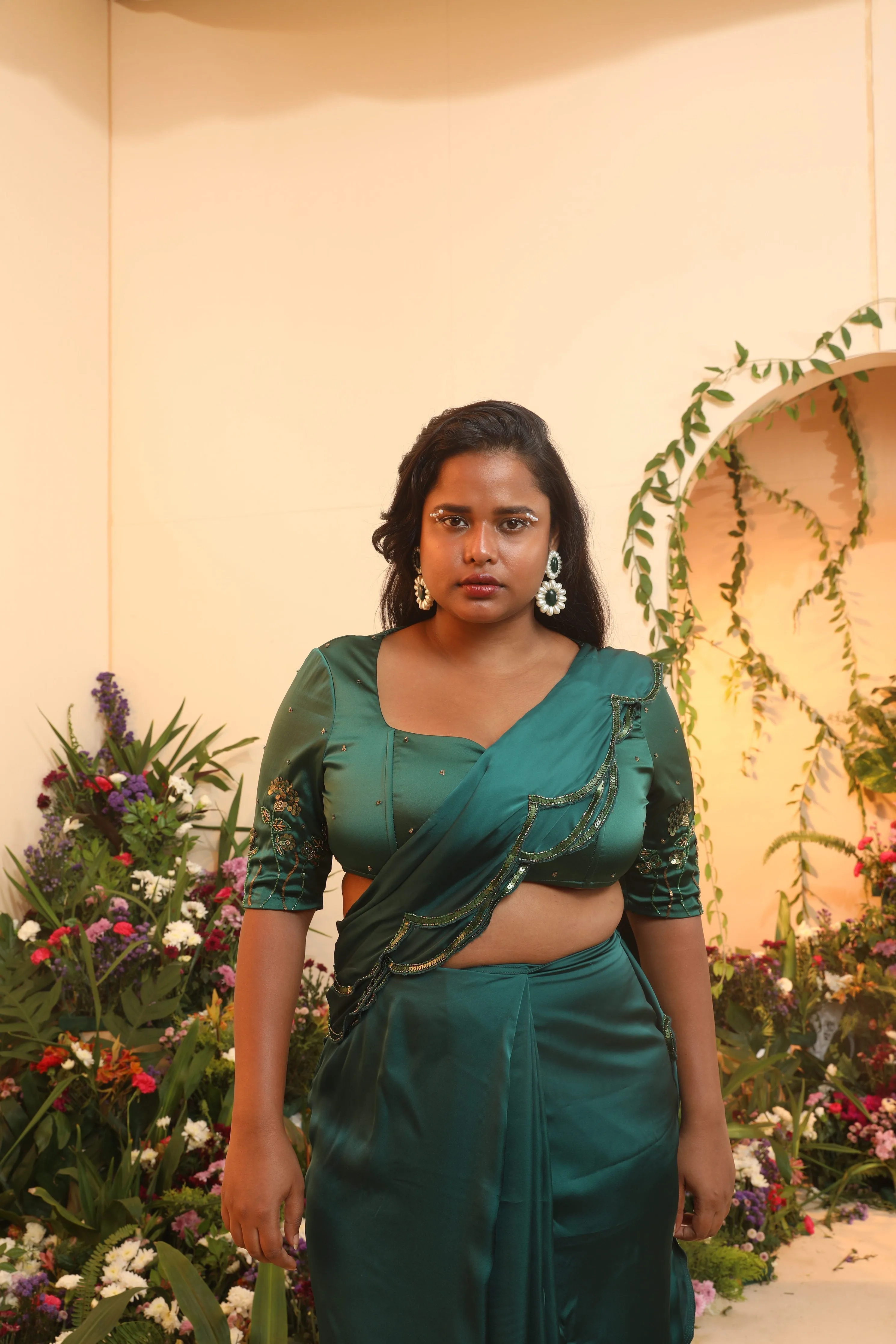 Iniya Emerald Scallop Satin Pre-Stitched Saree