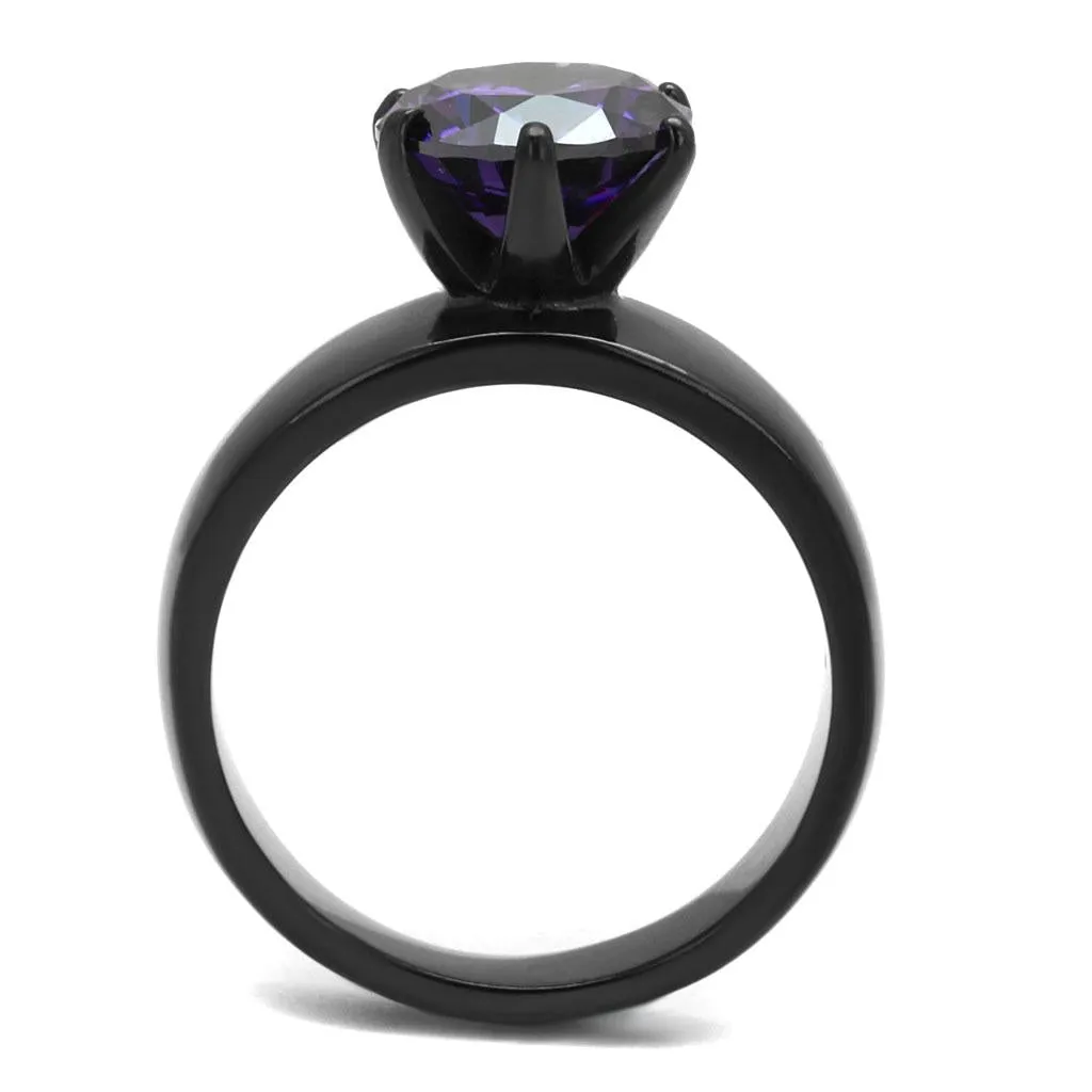 IP Black(Ion Plating) Stainless Steel Ring with AAA Grade CZ in Amethyst for Women Style TK2999