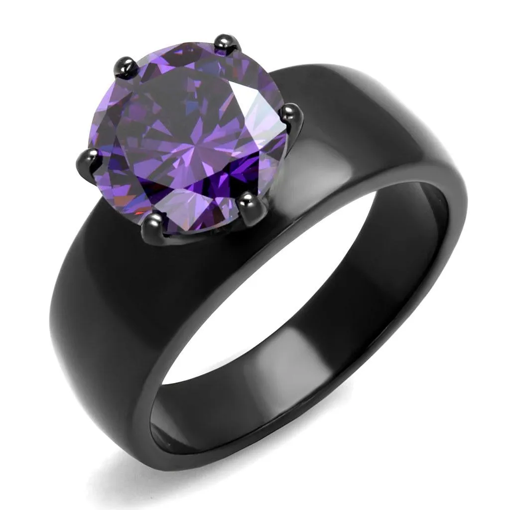 IP Black(Ion Plating) Stainless Steel Ring with AAA Grade CZ in Amethyst for Women Style TK2999