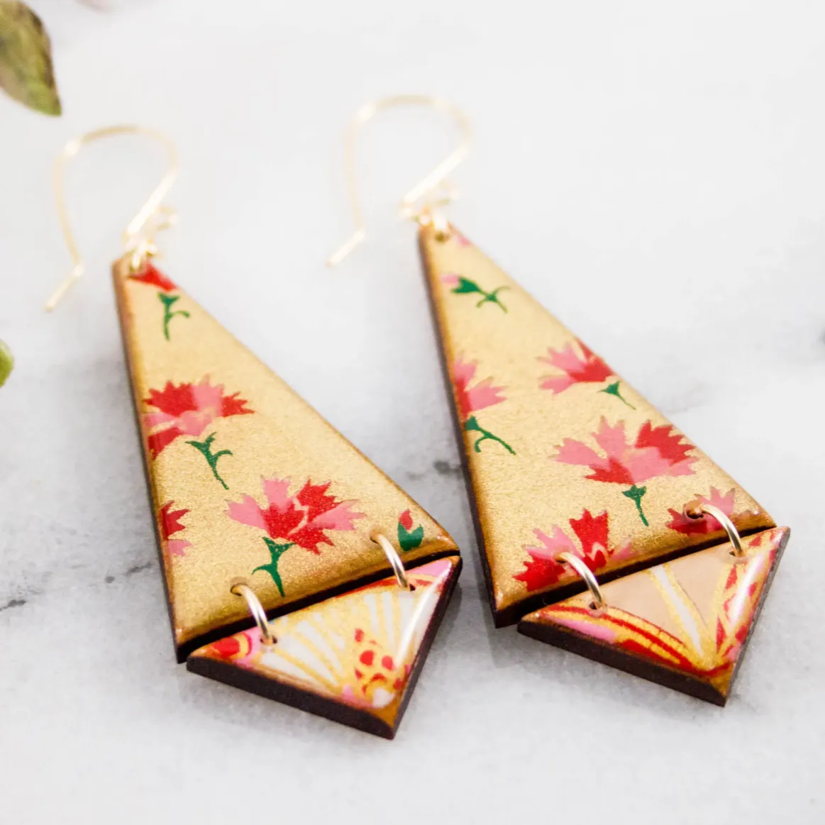 Japanese Double Triangle Earrings - Gold   Pink Floral