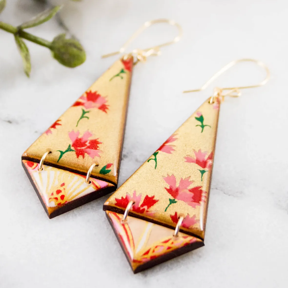 Japanese Double Triangle Earrings - Gold   Pink Floral