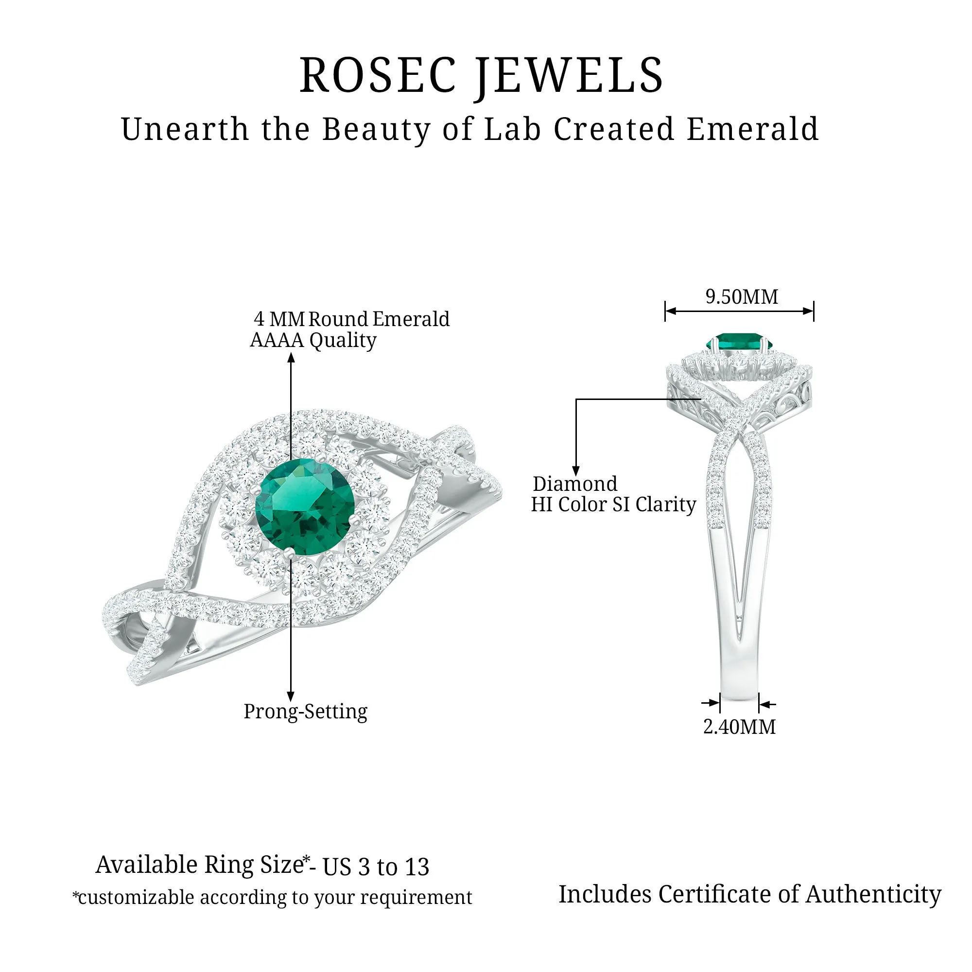 Lab Grown Emerald and Diamond Crossover Ring