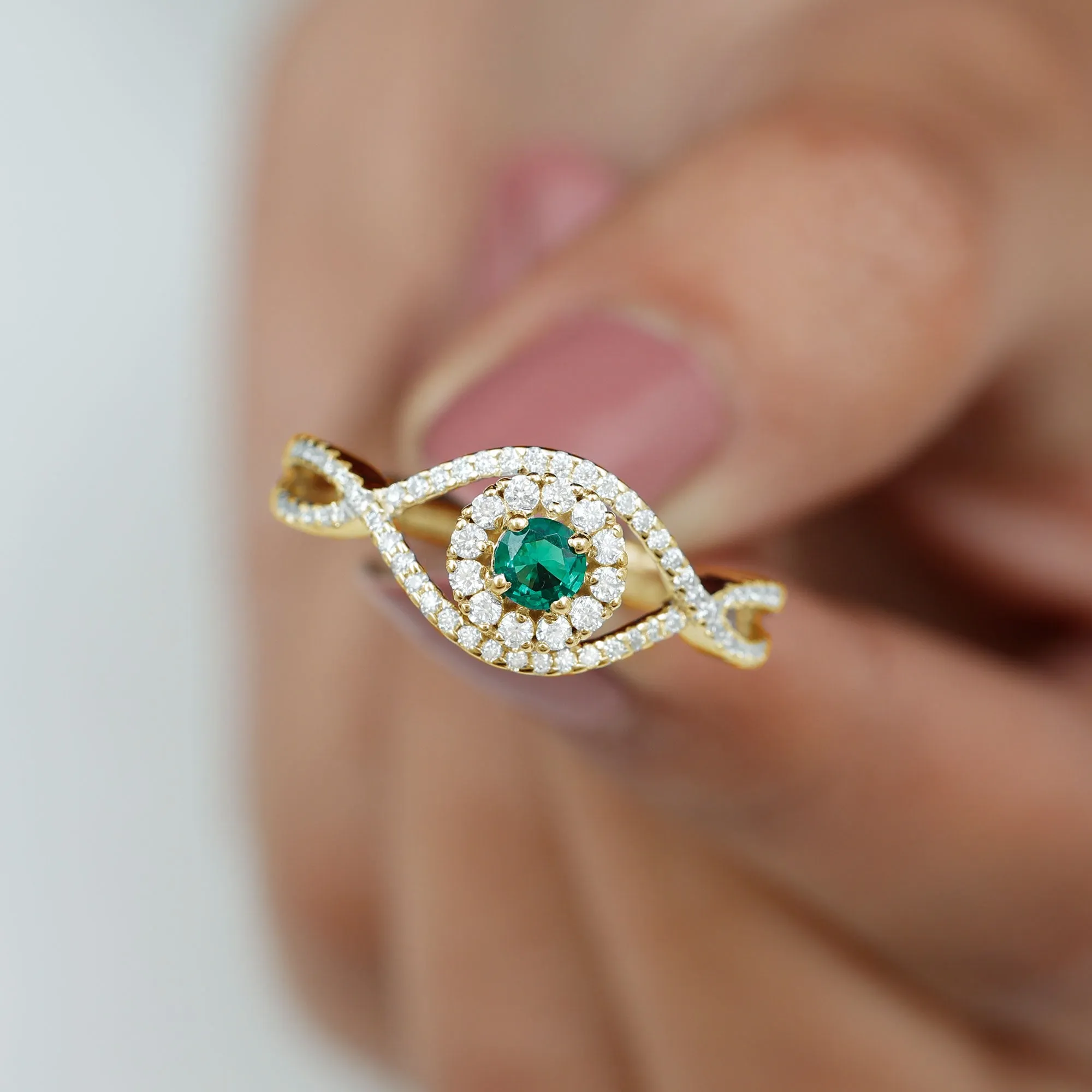 Lab Grown Emerald and Diamond Crossover Ring