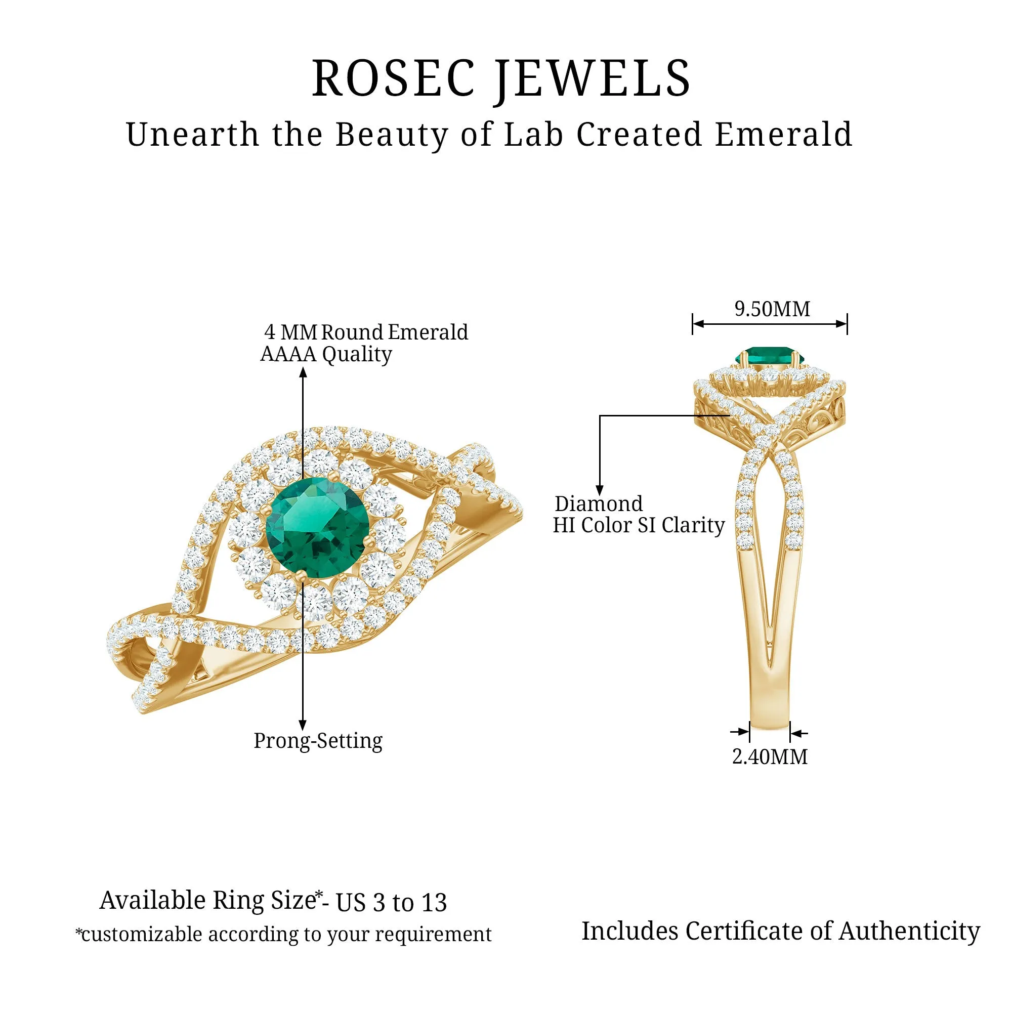 Lab Grown Emerald and Diamond Crossover Ring