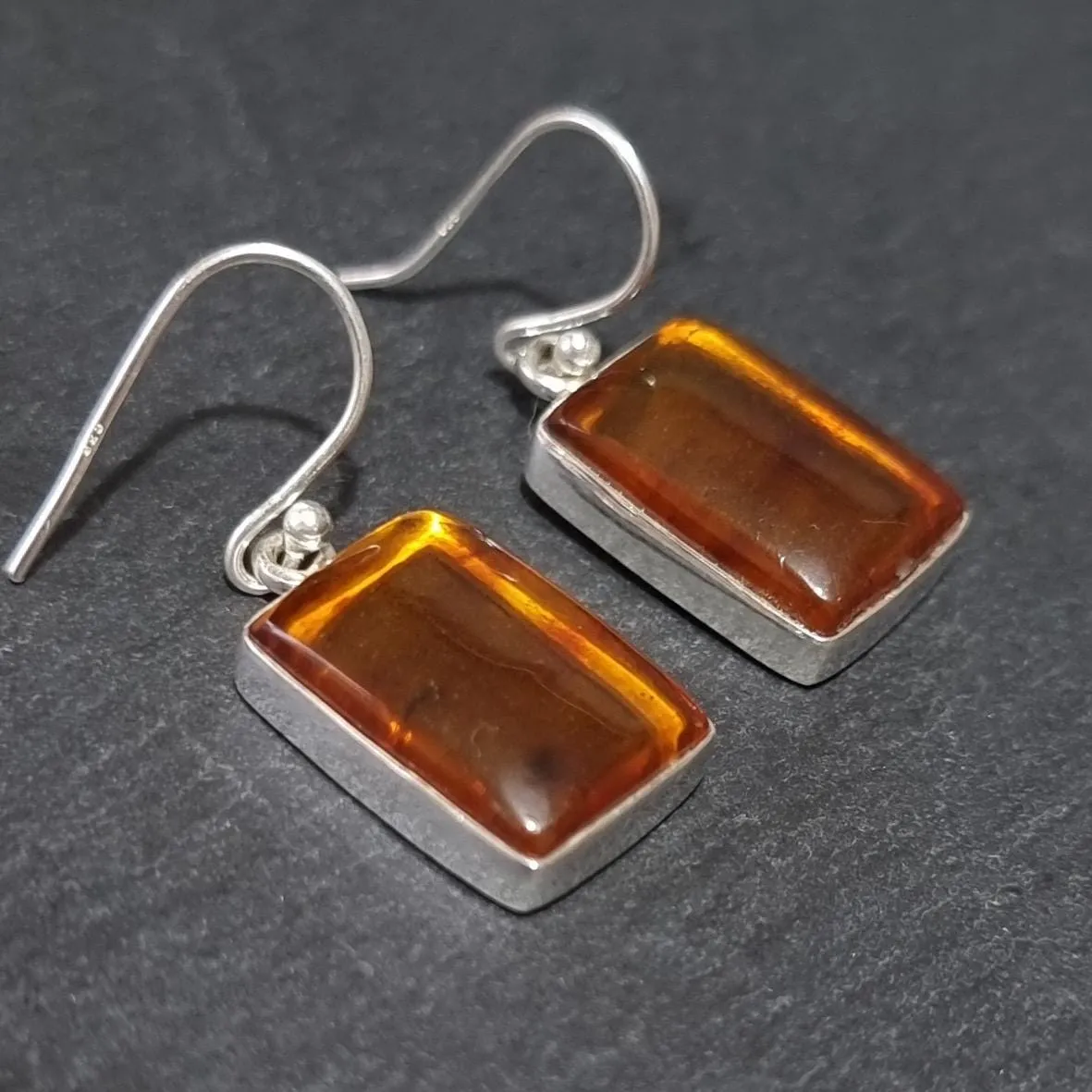 Large Rectangle Baltic Amber 925 Sterling Silver Earrings, AMBE3